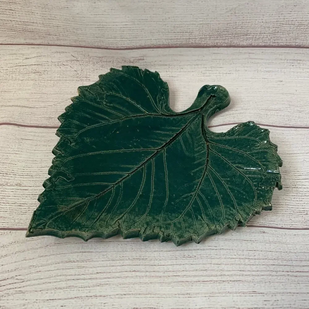 Large Ceramic Green Leaf Shaped Dish Handcrafted Grape Leaf Pottery 9 3/4